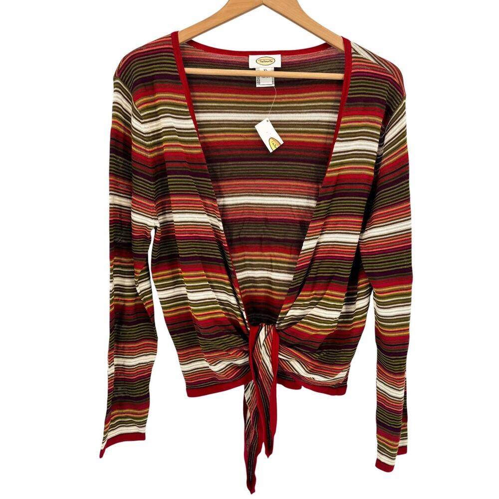 Talbots Front Tie Cardigan Knit Sweater Striped Top XL Rayon Cotton New Flawed